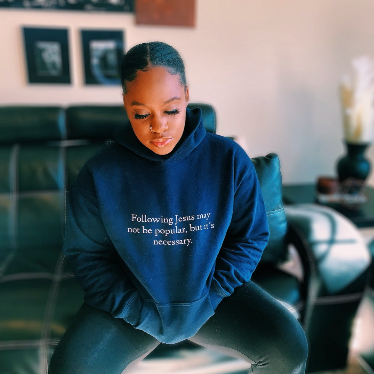 Following Jesus Navy Blue Unisex Hoodie - Young Woman